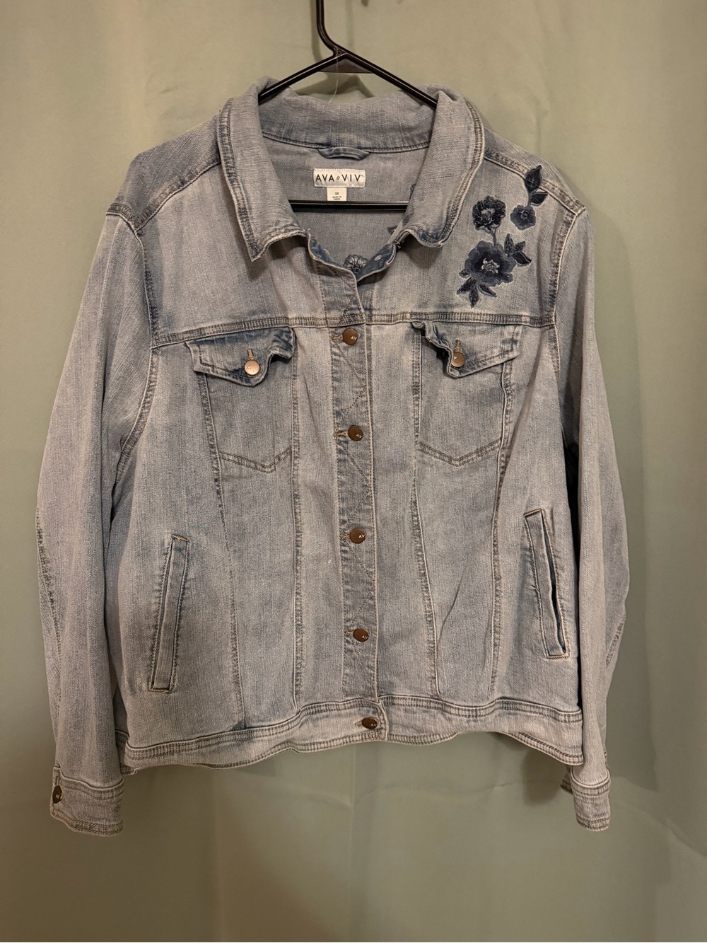 Ava & Viv Light Wash Denim Jacket with Navy Floral Appliqué